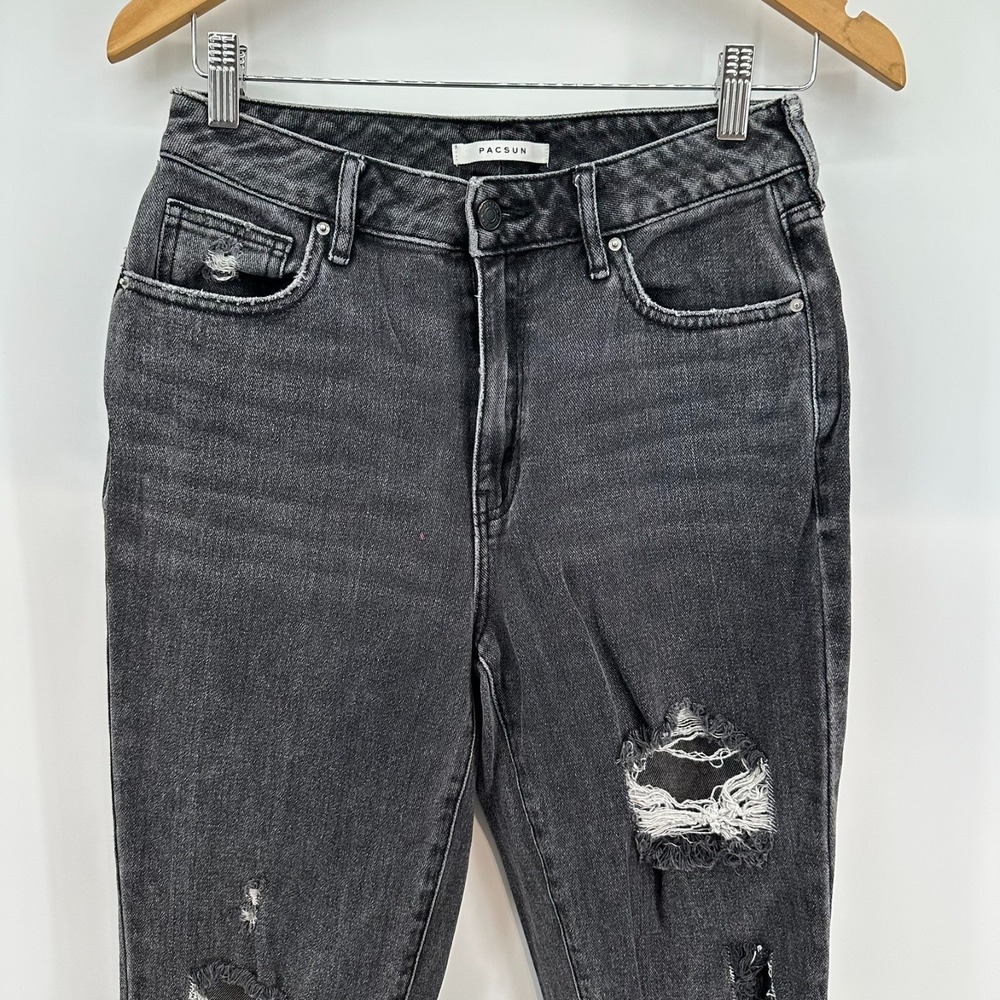 PacSun Jeans Womens 27 Gray Denim Distressed Mom Style Everyday Comfort Whisker